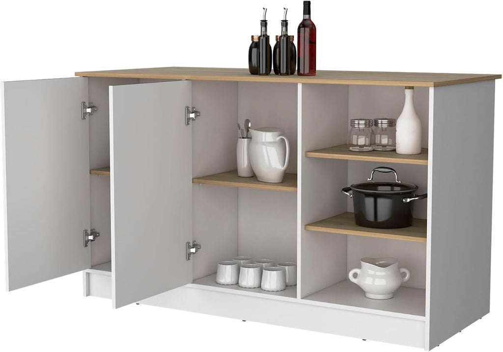 Melamine Kitchen Island with Two Doors and Three Open Shelves | two doors with internal shelves and three open storage shelves