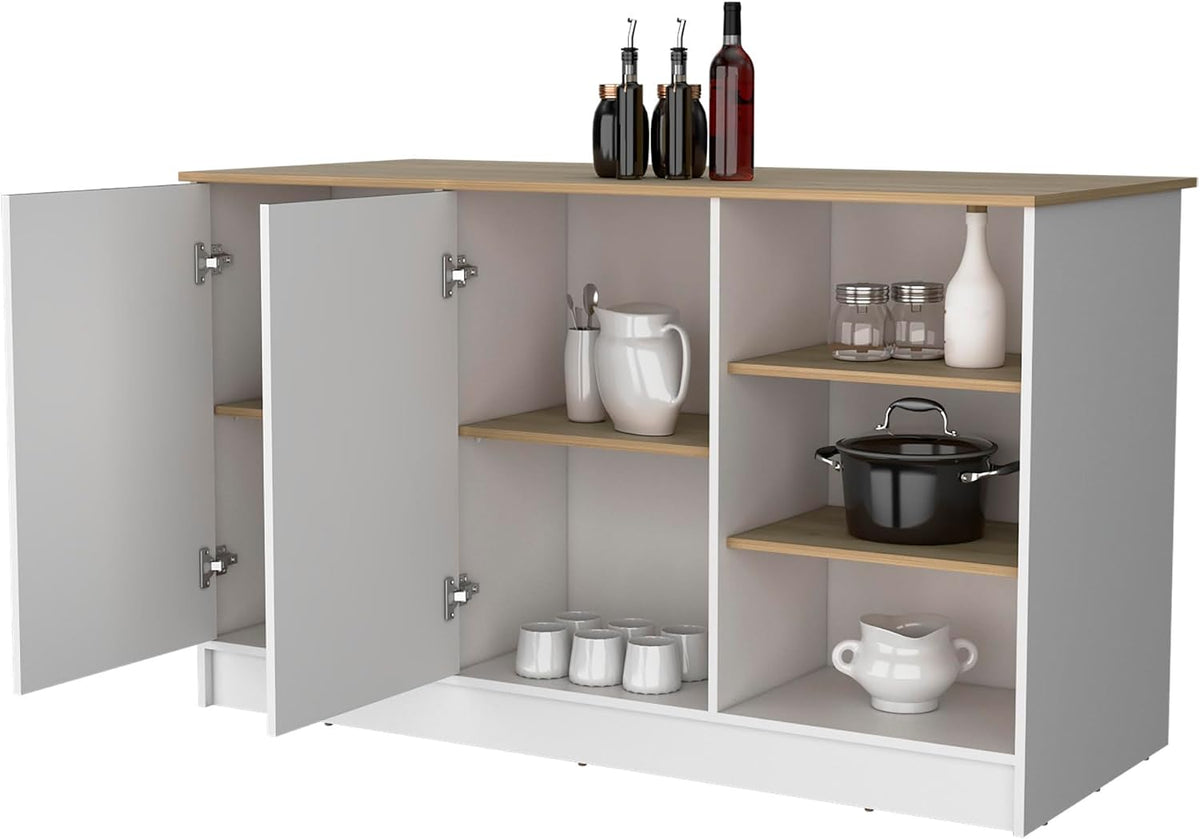 Melamine Kitchen Island with Two Doors and Three Open Shelves | two doors with internal shelves and three open storage shelves