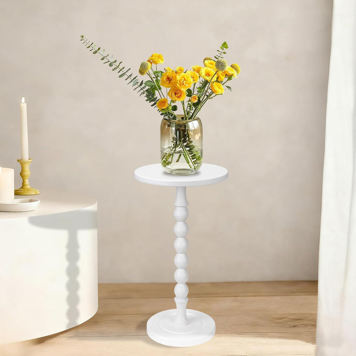Round Side Table for Small Spaces, Drink Table with Oak Wood Pedestal, Modern End Table Nightstand for Living Room, Bedroom, Office, and Corners, Tool-Free Assembly, White