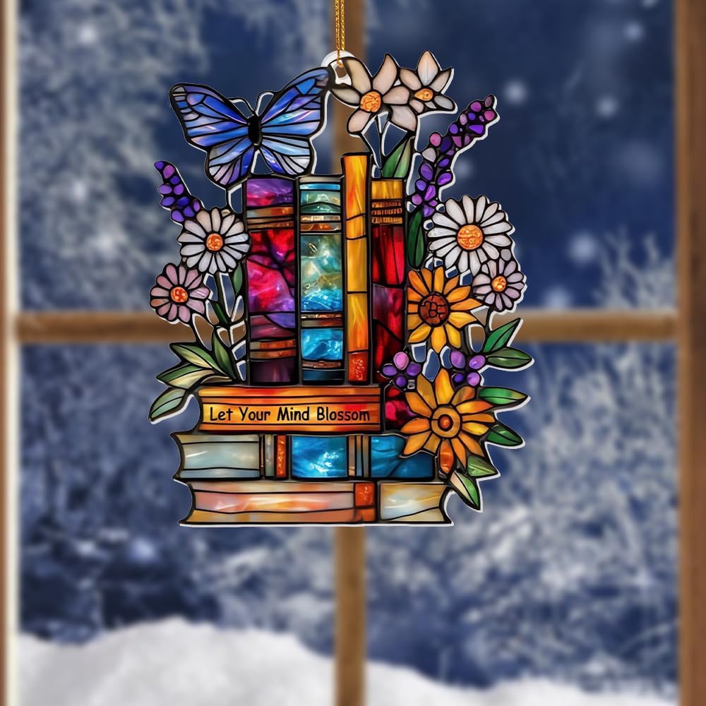 Book Ornament – Stained Glass Style Acrylic Christmas Ornament with,Teacher Back To School Gift, Bookish Gifts For Librarian, BookLovers,Reader, Women, Suncatcher Effect Decor For Christmas Tre,S-18