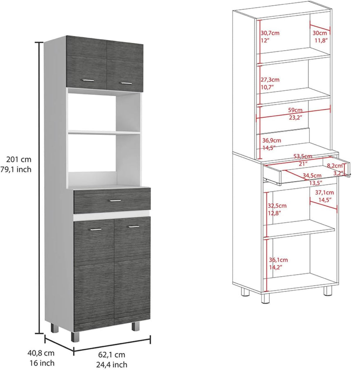 Caribe Microwave Cabinet, Double Door, One Drawer and One Shelf - White/Smokey Oak