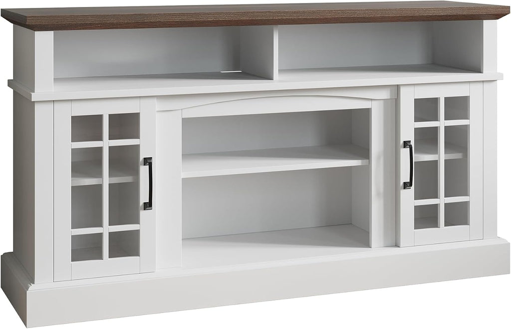 BELLEZE 58 Inch TV Stand, Rustic Wood Entertainment Center for TVs up to 65", Contemporary Media Console Table with Two Open Shelves and Glass Door Cabinets - Astorga (White)