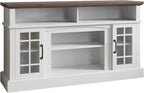 BELLEZE 58 Inch TV Stand, Rustic Wood Entertainment Center for TVs up to 65", Contemporary Media Console Table with Two Open Shelves and Glass Door Cabinets - Astorga (White)