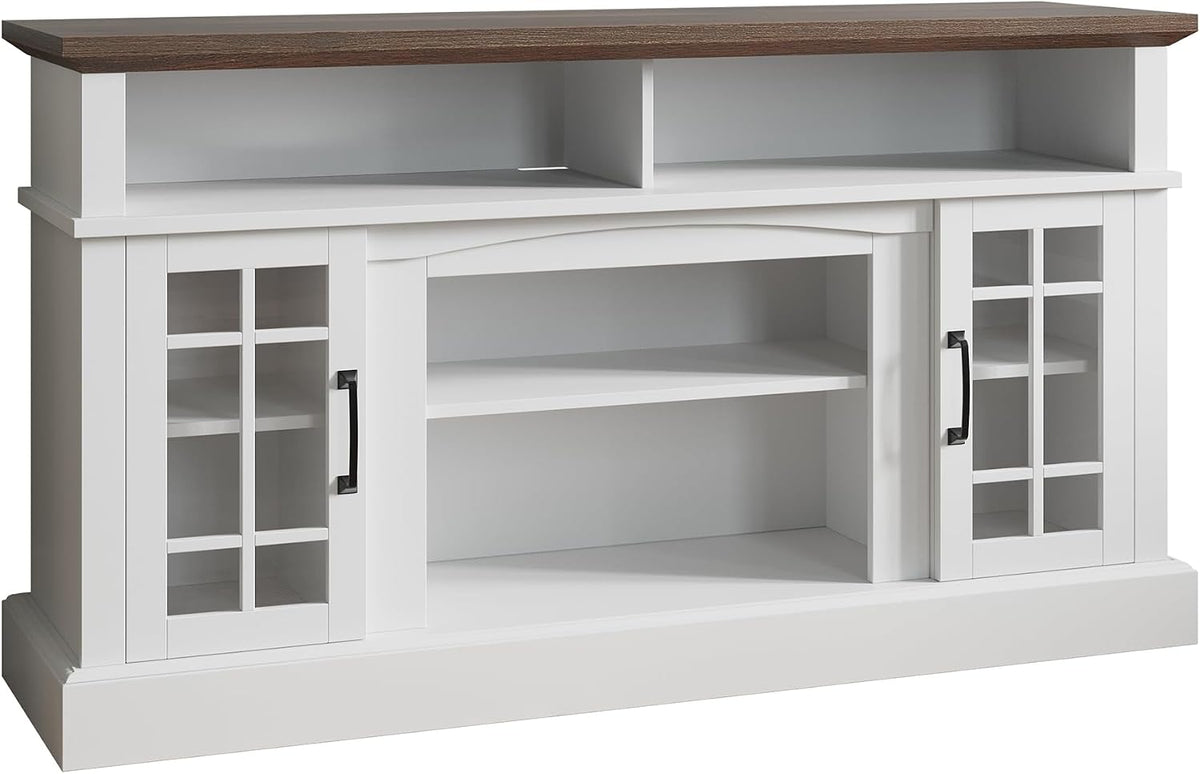 BELLEZE 58 Inch TV Stand, Rustic Wood Entertainment Center for TVs up to 65", Contemporary Media Console Table with Two Open Shelves and Glass Door Cabinets - Astorga (White)