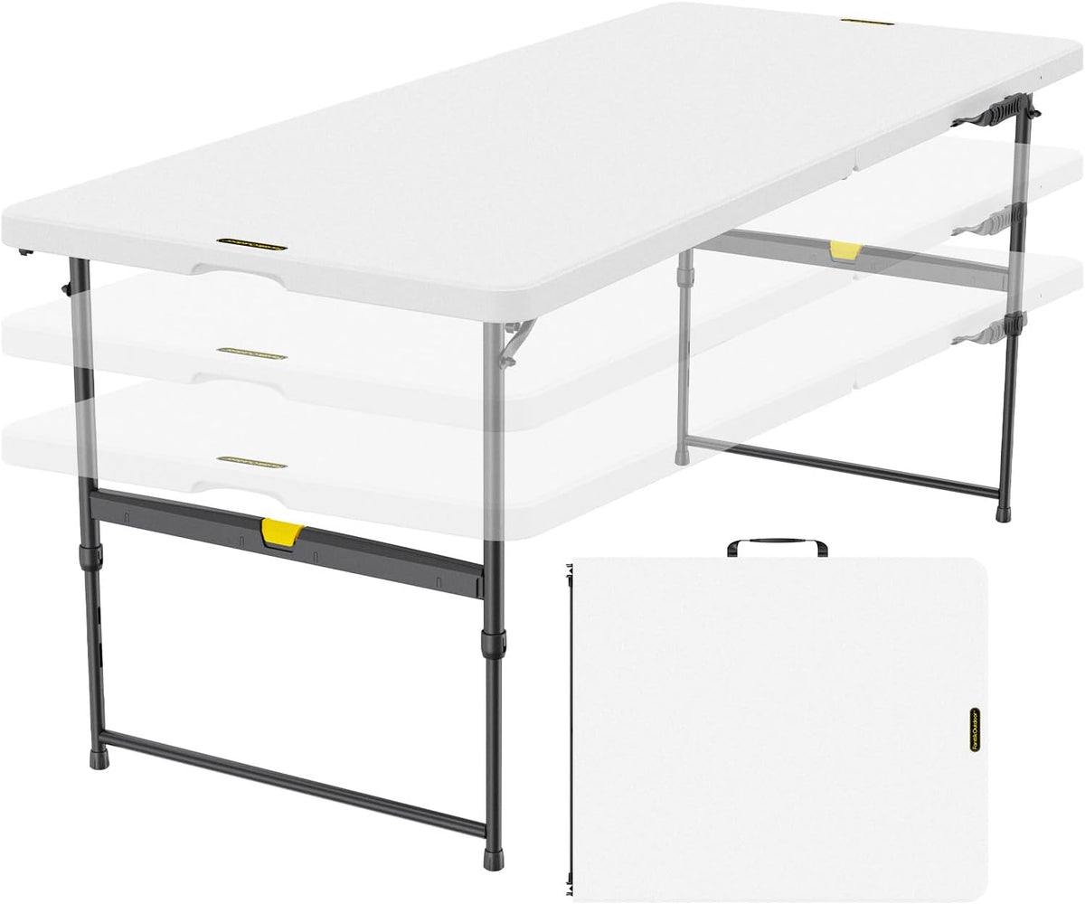 FanttikOutdoor Folding Table 6ft Quick Adjust 3 Heights Picnic Party Dining | One-Handed Adjustable Height, Fixing Lock, Carry Handle Heavy Duty Portable Fold-in-Half, Indoor Outdoor White Zeta X6 Pro