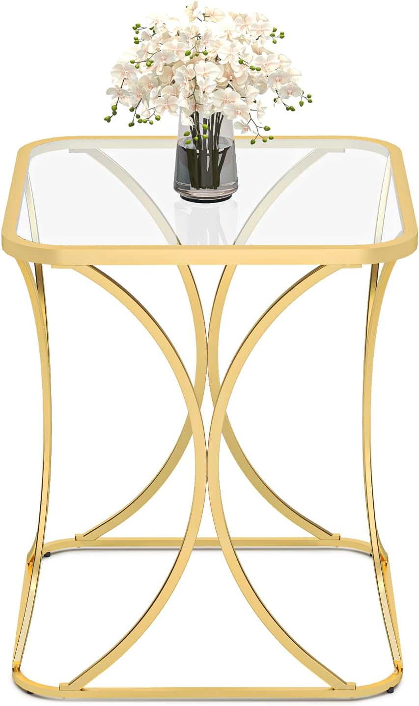 19.68" Square End Table with Tempered Glass Top, Stylish X-Shaped Metal Frame, Living Room Coffee Table, Sofa Side Table, Accent Tables for Small Spaces, Modern Bedside Table (Gold)