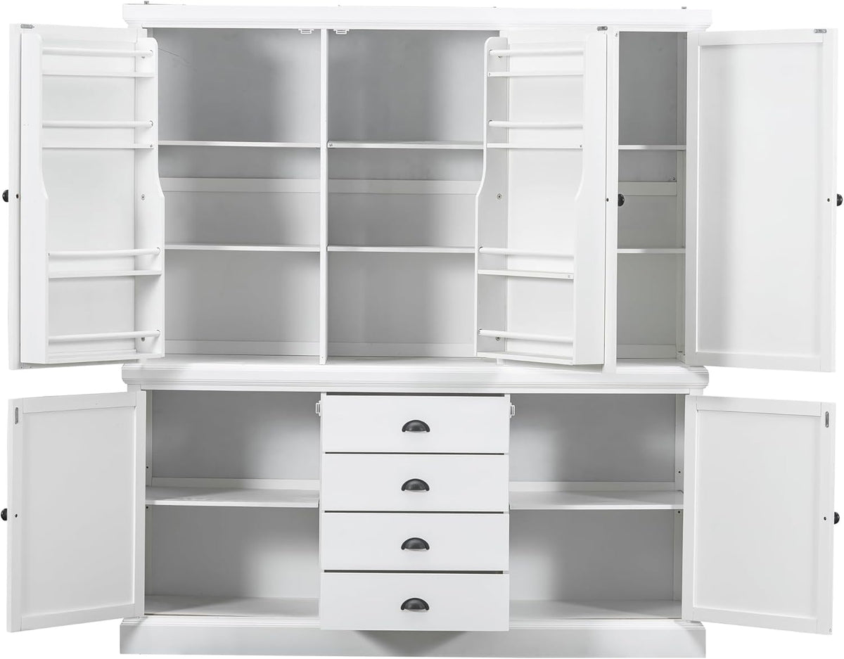 VilroCaz Freestanding Large Kitchen Pantry, Wooden Kitchen Organizers and Storage Kitchen Cabinet with 4 Drawers, Cupboard, 5 Doors, Adjustable Shelves for Dining Room (White-3.15)