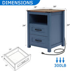Farmhouse Nightstands Set of 2 with Charging Station, End Table with 2 Drawers and Open Shelf, Wooden Bedside Cabinet for Bedroom, Home Office, Living Room, Blue