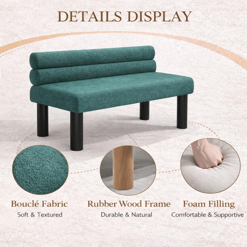 51'' Small Dining Bench with Back, Upholstered Armless Kitchen Banquette Seating, Minimalist Comfy Mini Loveseat Sofa, Modern Entryway Bench with Wood Leg for Dining Living Room Apartment (Green)