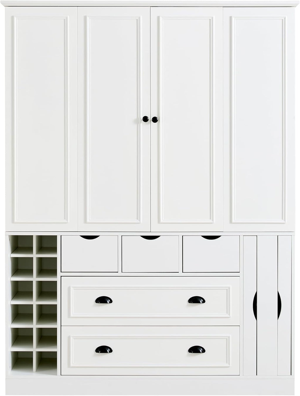 Merax Farmhouse 71" Large Kitchen Pantry Cabinet with Power Outlet, 53.2" Wide Storage Cupboard with 4 Foldable Doors, Adjustable Shelves, Wine Racks & Serving Trays, for Dining Room, White