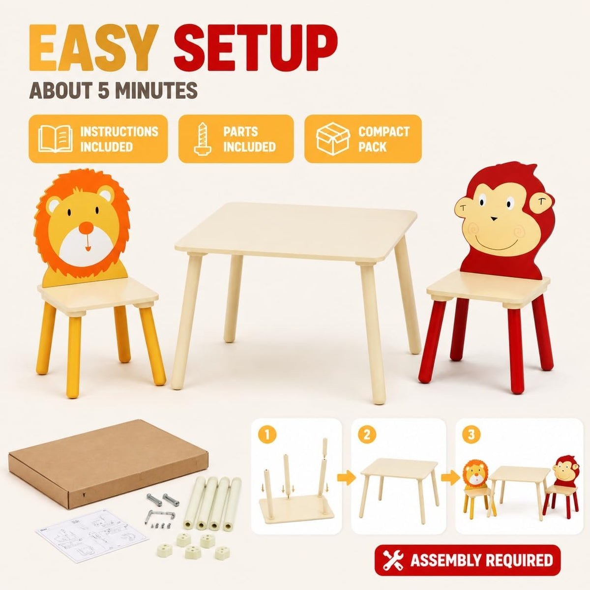 Kids Wood Table and 4 Chairs Set, Cartoon Animal Activity Furniture Ages 3- (3 Piece 1)