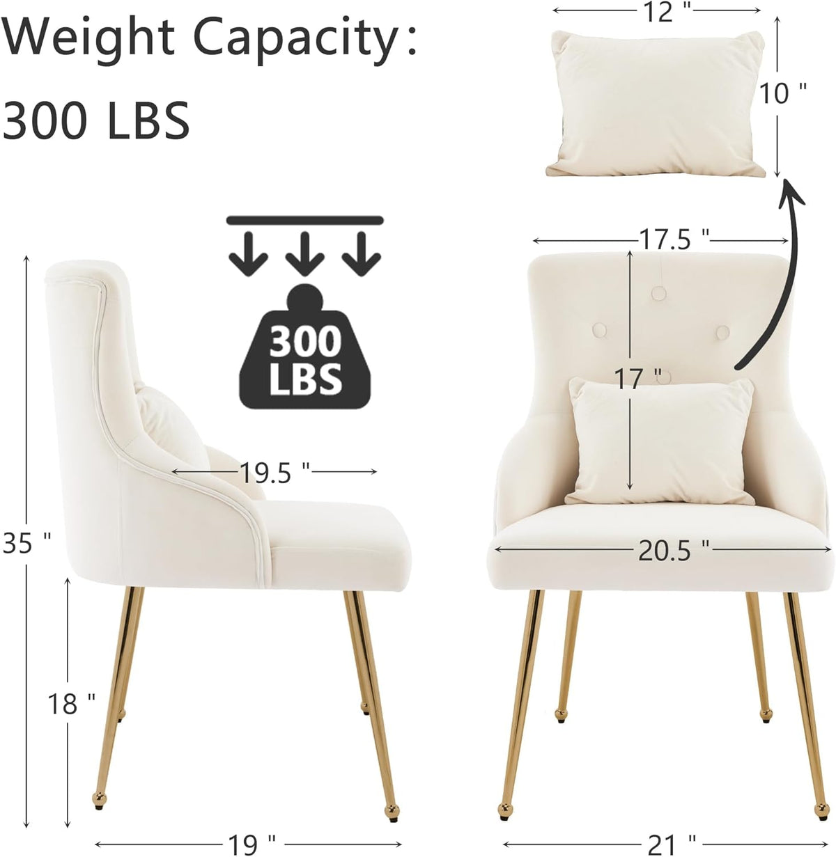 Velvet Vanity Chairs with Back, Upholstered Makeup Chair No Wheels with Metal Legs & Lumbar Pillow for Living Room/Makeup Room/Bedroom/Home Office/Kitchen