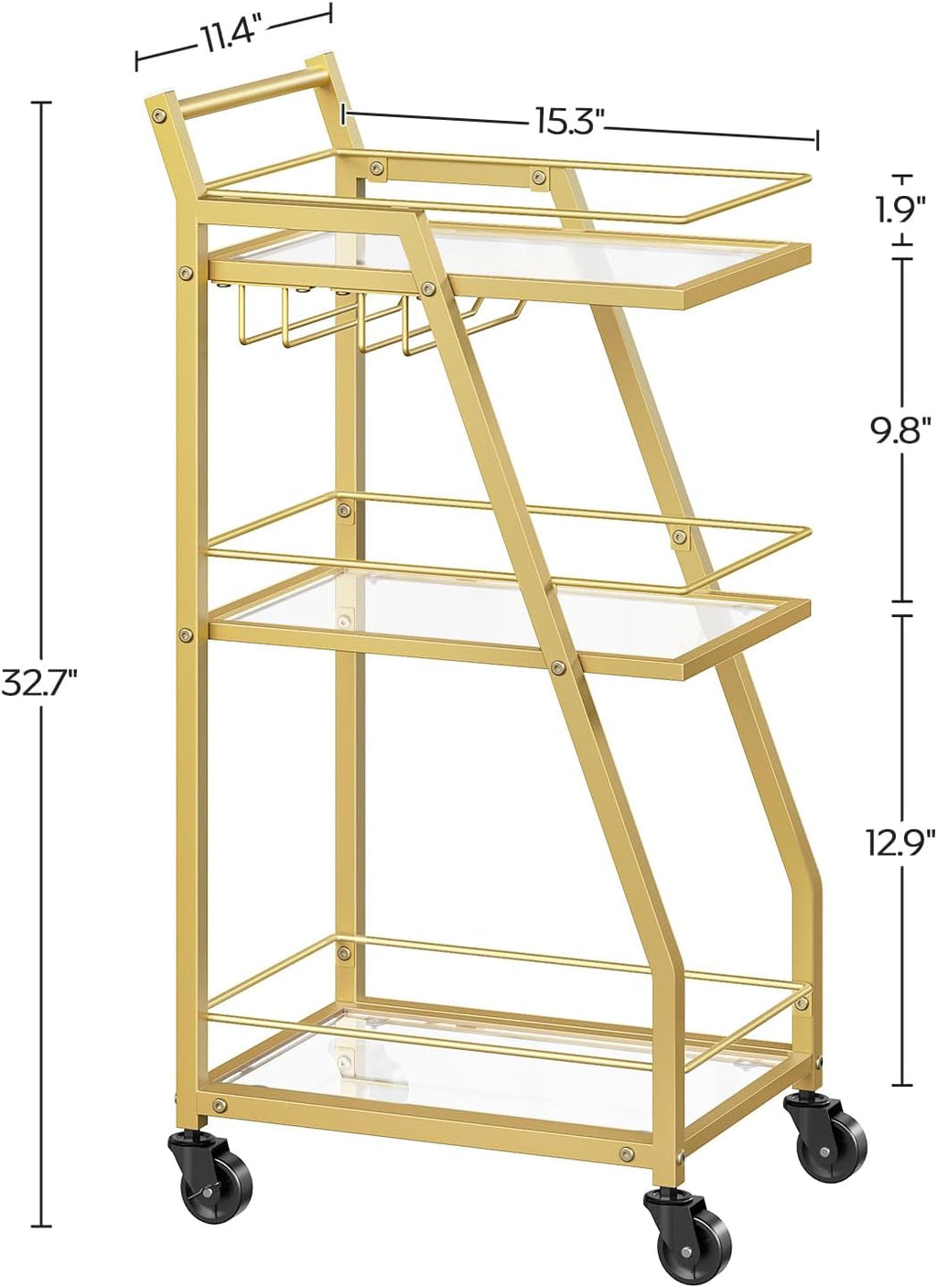 YATINEY Bar Cart, 3-Tier Home Bar Serving Cart with Wheels, Drink Cart with Glass Holder, Beverage Cart, Rolling Kitchen Cart, for Home, Living Room, Transparent and Gold BC03GD