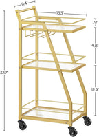 YATINEY Bar Cart, 3-Tier Home Bar Serving Cart with Wheels, Drink Cart with Glass Holder, Beverage Cart, Rolling Kitchen Cart, for Home, Living Room, Transparent and Gold BC03GD