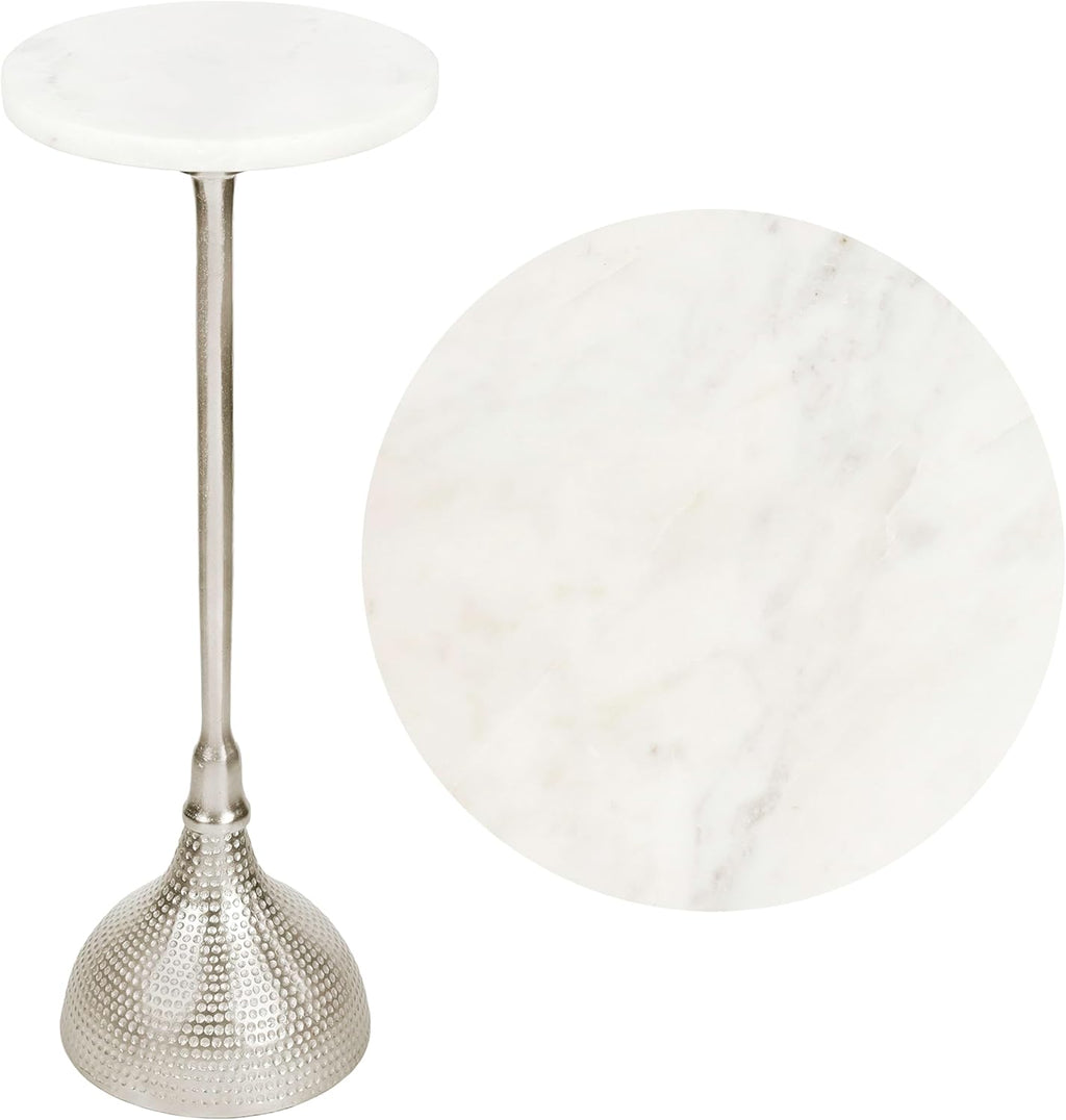 Eyely DNE4001B Kai 23.75" Art Deco Metal Pedestal Drink Table and Decorative End Table w/White Marble Round Top and Hammered Base for Living Room, Bedroom, Nickel