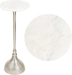 Eyely DNE4001B Kai 23.75" Art Deco Metal Pedestal Drink Table and Decorative End Table w/White Marble Round Top and Hammered Base for Living Room, Bedroom, Nickel