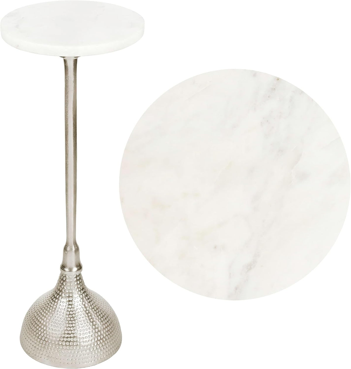 Eyely DNE4001B Kai 23.75" Art Deco Metal Pedestal Drink Table and Decorative End Table w/White Marble Round Top and Hammered Base for Living Room, Bedroom, Nickel