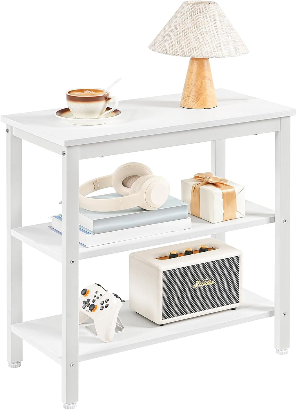 HOOBRO End Table, Simple Rustic Side Table with 3-Tier Storage Shelf, Narrow Nightstand for Small Spaces, Easy Assembly, for Living Room, Bedroom, Industrial Design, White WT14BZ01