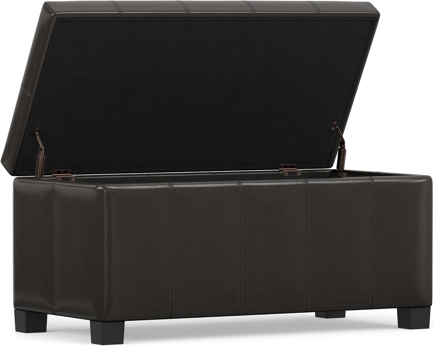 SIMPLIHOME Dover 36" Wide Vegan Leather Storage Ottoman in Tanners Brown | Contemporary ottoman with lift-top and safety hinges; upholstered rectangle storage bench for living room and entryway.