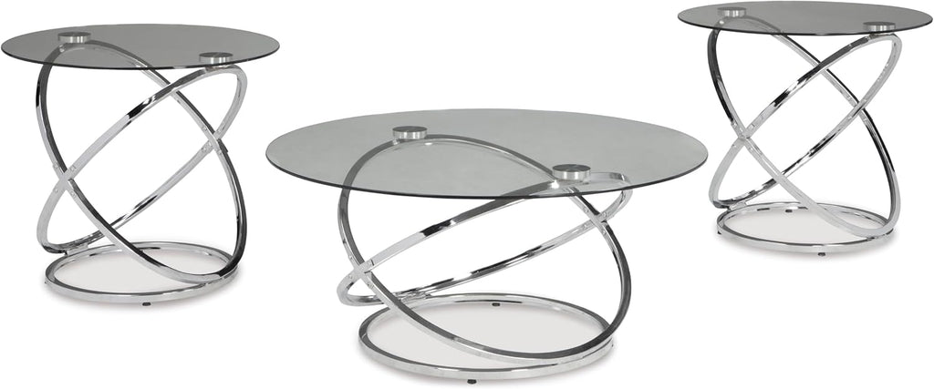GTU Furniture Contemporary Glass Round 3-Piece Coffee Table Set, Cocktail Table with 2 Matching End Tables, Chrome Finish Finish for Living Room