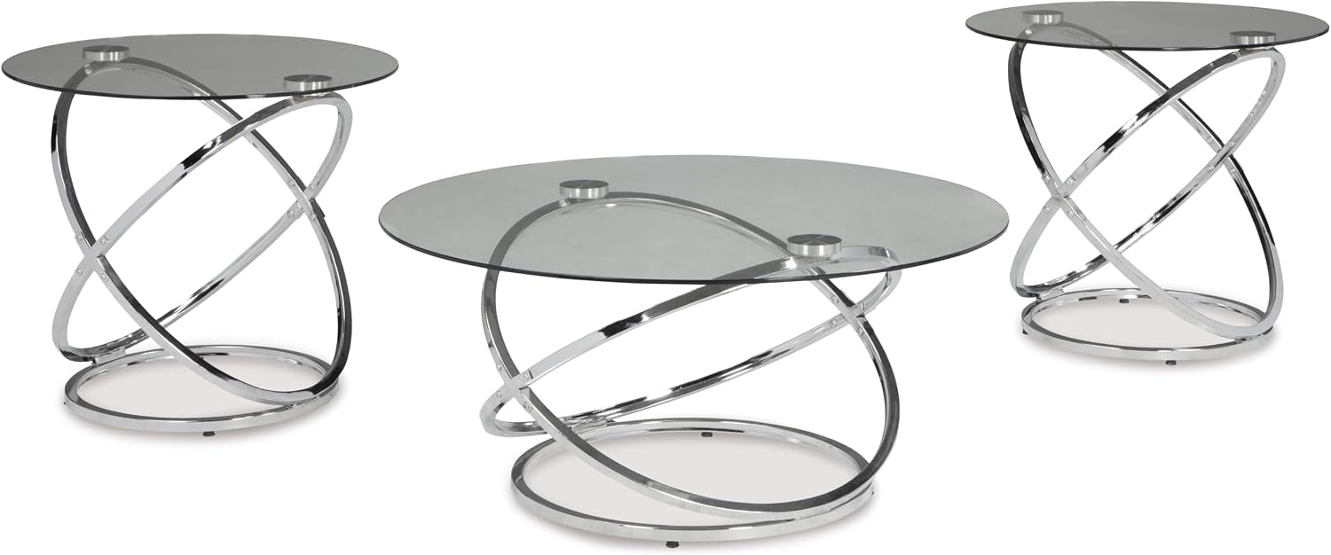 GTU Furniture Contemporary Glass Round 3-Piece Coffee Table Set, Cocktail Table with 2 Matching End Tables, Chrome Finish Finish for Living Room