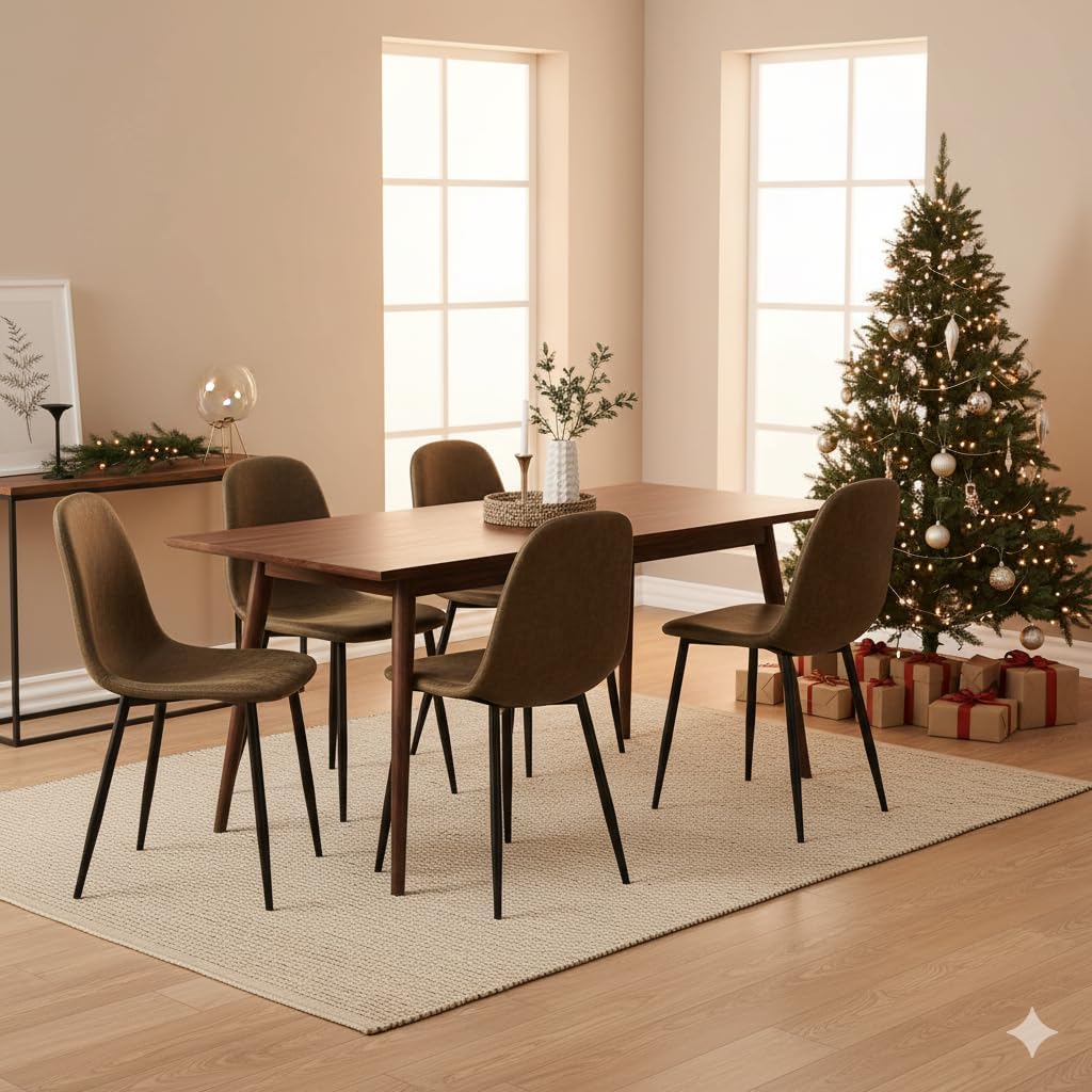FurnitureR Dining Chairs Set of 6, Faux Suede Upholstered Kitchen & Dining Room Chairs with Metal Legs, Comfortable Mid-Back Side Chairs for Holiday Hosting & Everyday Use, Brown