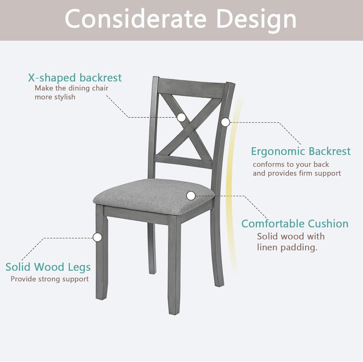 Ball & Cast Wood Frame Dining Chairs Set of 4, Modern Linen Upholstered Kitchen-Chairs with Padded Seat, 330lb Heavy Duty X-Backrest Side Chair for Dining Living Room, Easy Assembly, Gray