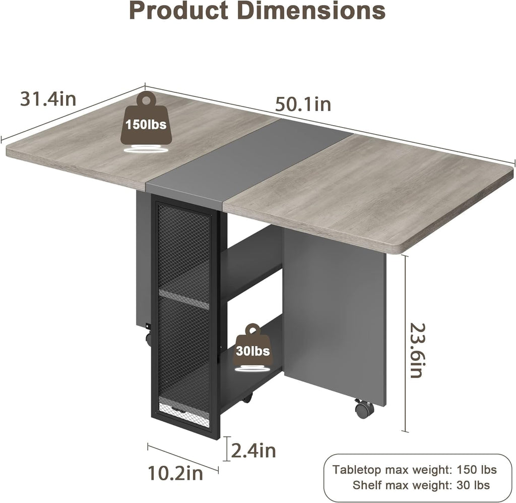 CABIHOME 50" Space Saving Folding Dining Table with 2 Tier Storage-Extendable Drop Leaf Farmhouse Kitchen Dining Room Tables Set for 4, Collapsible Expandable Rectangle, Grey