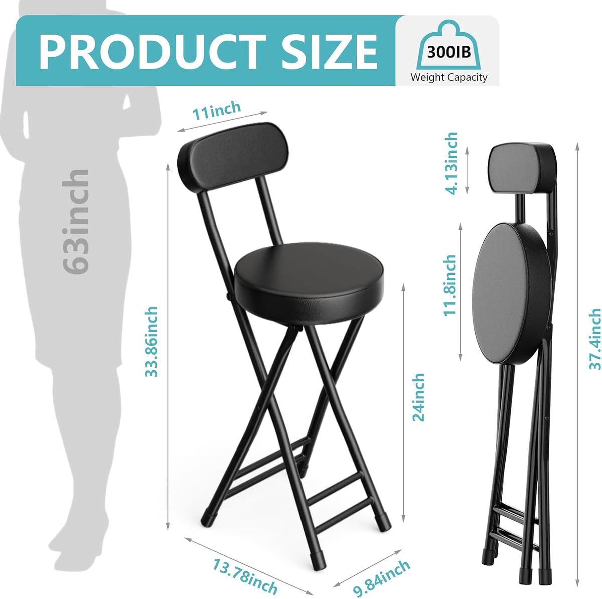 Folding Stool,Cushioned Padded Folding Bar Stool,24inch Black Height Heavy Duty Portable Chair Stool with 300lbs Capacity for Kitchen Living Room Garden Camping Fishing