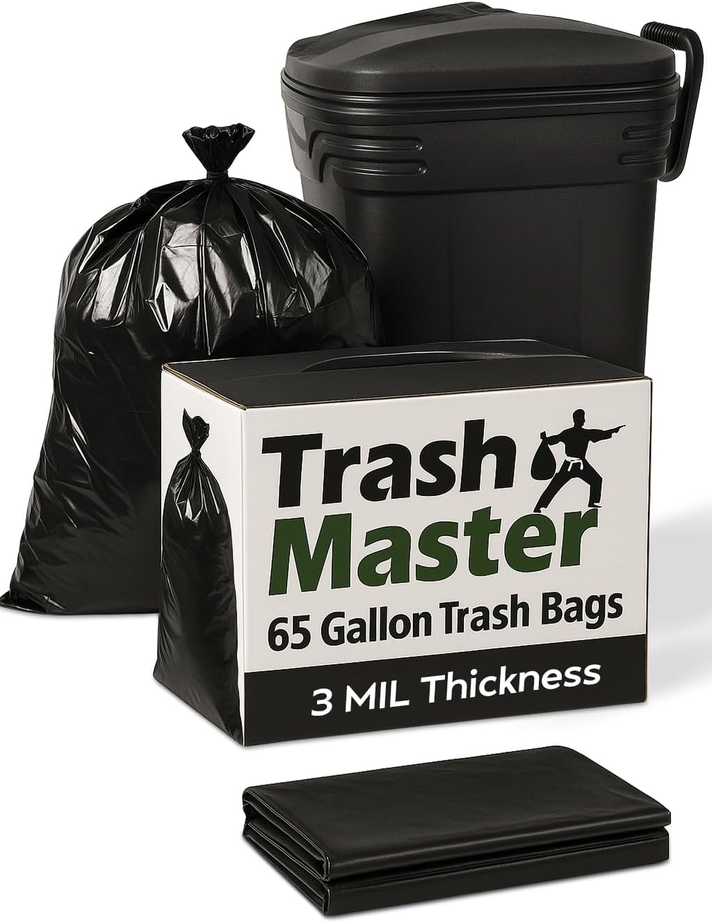 65 Gallon Contractor Heavy Duty Garbage Bags | 30 Bags w/Ties | X-Large 3 MIL Thickness | For Large Commercial Jobs | Construction Clean Up | Trash bags for Yard Clean up - TrashMaster (30)