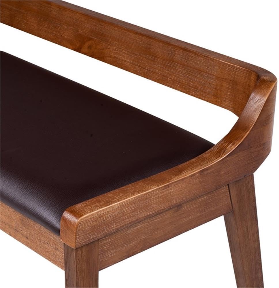 BOWERY HILL Modern Dining Bench, Rubberwood Frame, Chestnut Wire-Brush Finish, Brown Faux Leather Upholstery, 60" Wide, Seats 2, High-Density Foam Cushion, Kitchen or Dining Room Seating