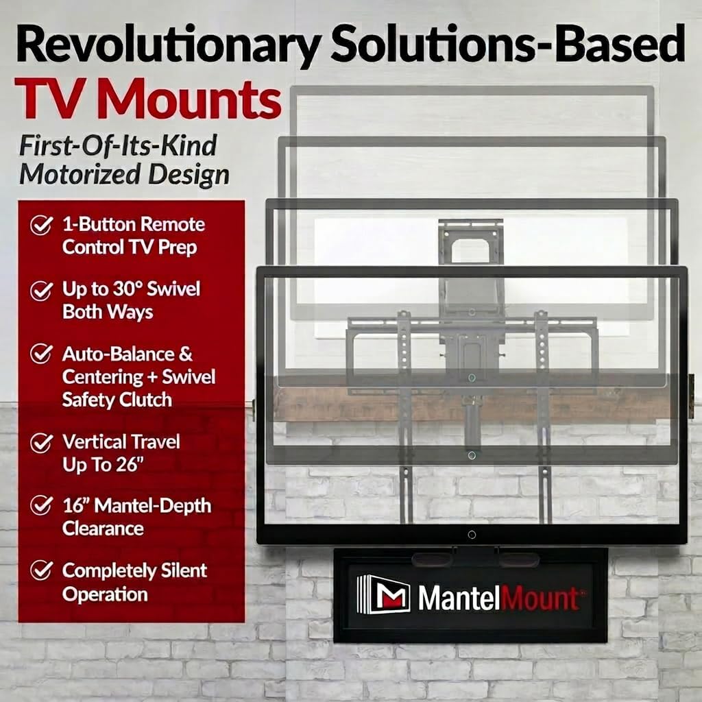 MantelMount MM815 Motorized Remote Control Pull Down TV Mount with Automated Swivel | Above Fireplace Mount for TVs 45"-90" Up to 115 lbs | RF Remote Control & Favorite Memory Positions