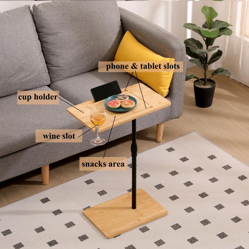 Height Adjustable Bamboo Couch Table, C-Shaped Oval End Table with Slots for Devices – Sofa Side Table for Bedroom, Living Room, or Bedside Use (B)
