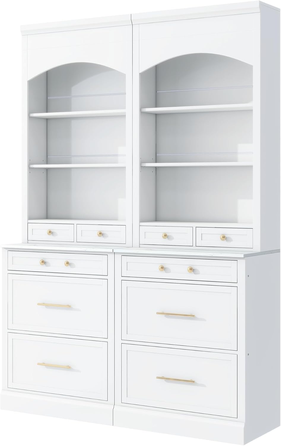 High Kitchen Pantry, Freestanding Tall Kitchen Hutch with Faux Marble Top,Cupboard Cabinet with 5 Storage Drawers and Adjustable Shelf, Set of 2 (White, 2 Pantry)