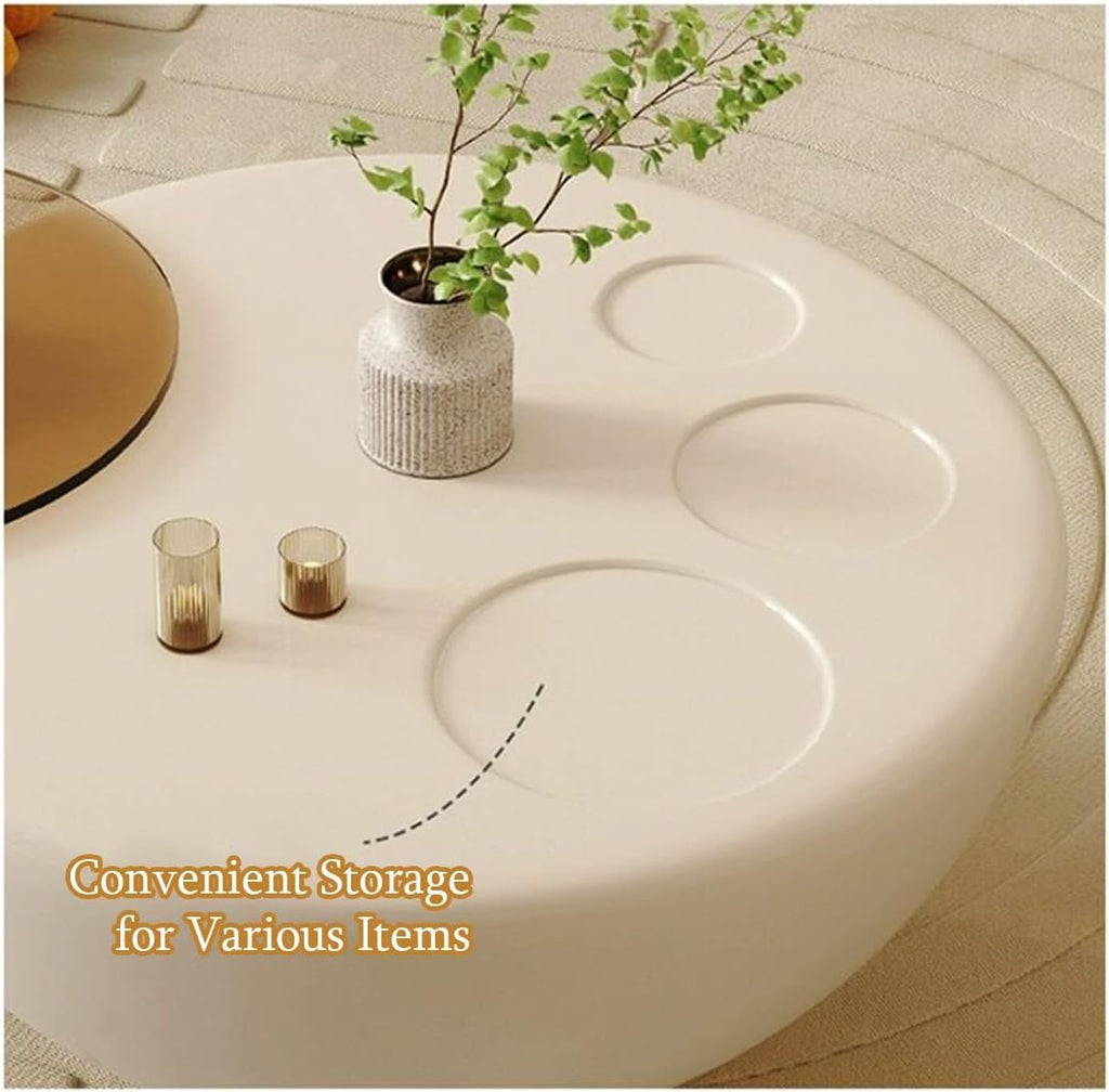 Round Nesting Coffee Table Set, FRP Gloss Lacquer Living Room Center Table | Cream Style Accent Table with Smoked Tempered Glass Tray, Fully Rounded Edge Low Profile Table for Modern Minimalist Home