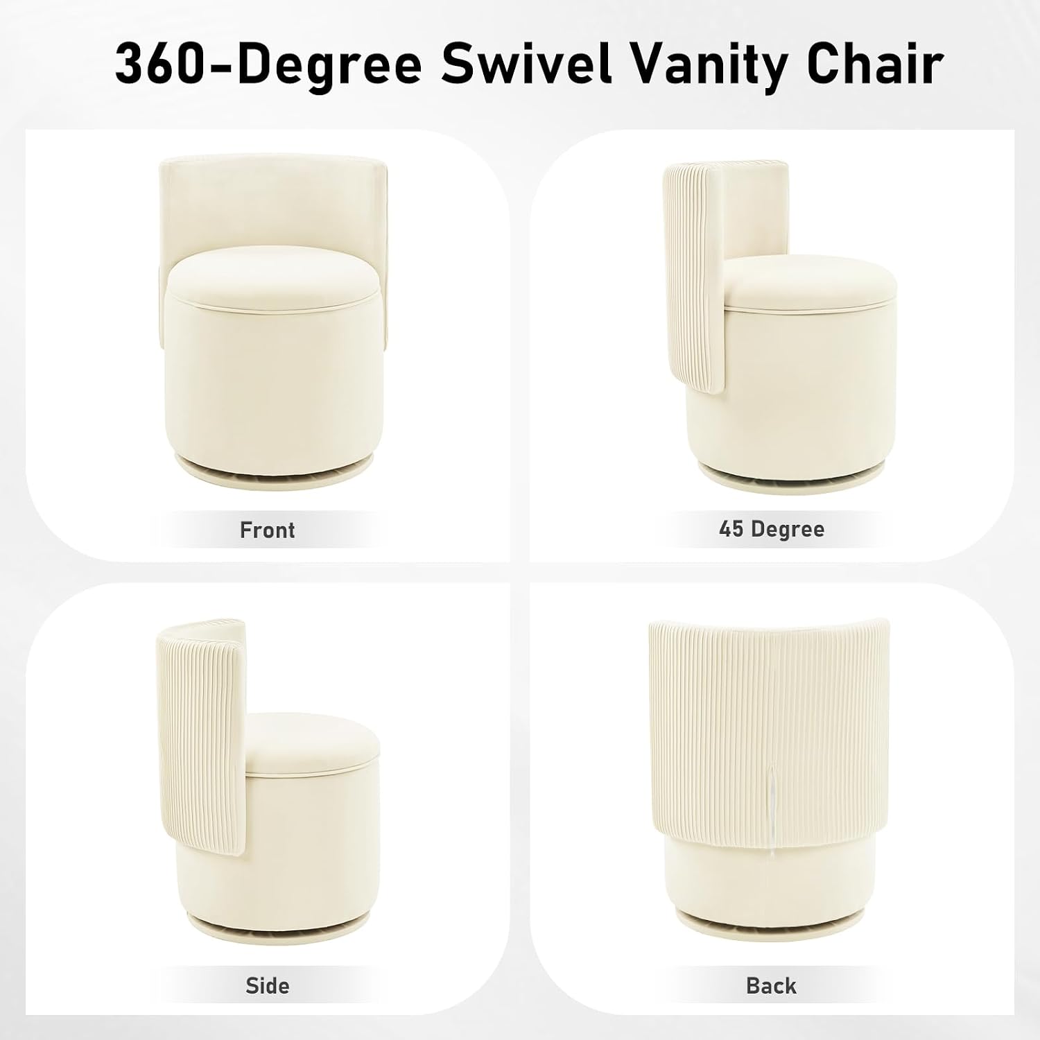 Furniliving Velvet Vanity Chair with Storage, 360° Swivel Accent Chair with Wavy Back, Modern Barrel Vanity Stool Makeup Ottoman for Bedroom, Living Room