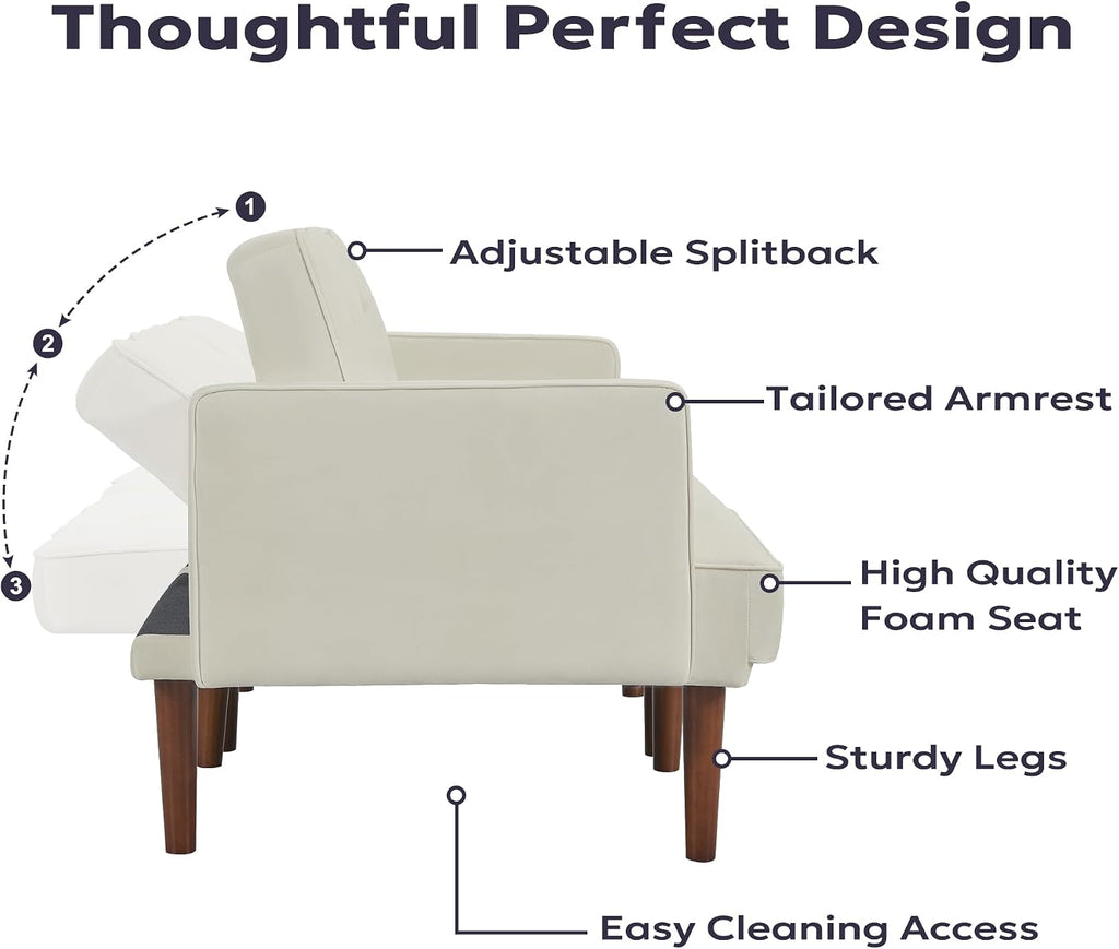 Furnify 71" Velvet Futon Sofa Bed, Versatile Loveseat Couch, Sleeper Sofa with Adjustable Backrest, Mid Century Modern Futon Couch for Small Space, Living Room, Office & Apartment, Velvet Fabric Beige