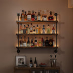 3-Tier Wall Mounted Wine Rack with LED | Liquor Bottles Floating Shelves Display Storage Organizer for Home Bar Dining Room Kitchen ,31.5"W x 47.2"H