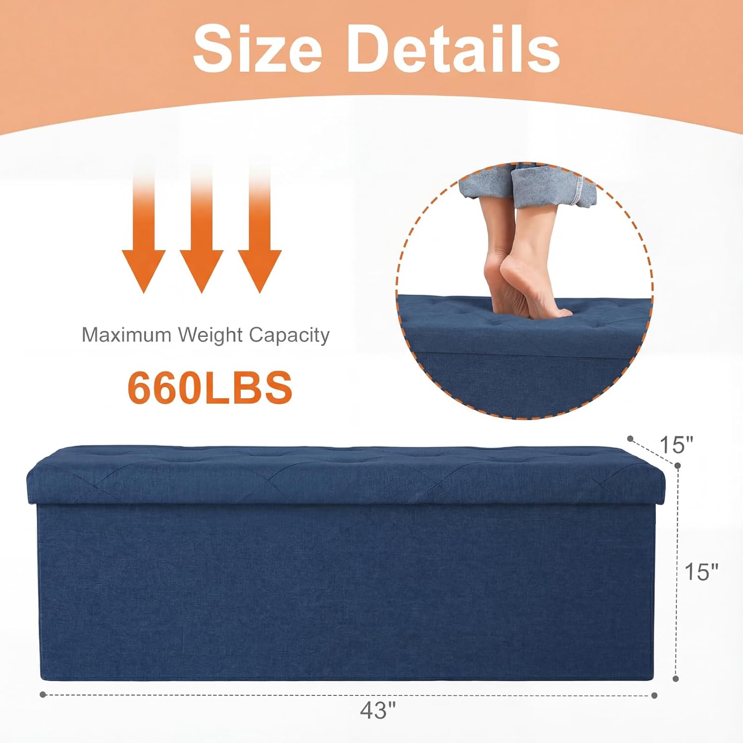 Sweetcrispy 43 Inch Folding Storage Ottoman Bench, Ottoman with Storage | Large Hidden Storage Chest with Padded Seat, Foot Rest Stool, End of Bed Bench for Bedroom, Living Room, Linen Fabric, Blue