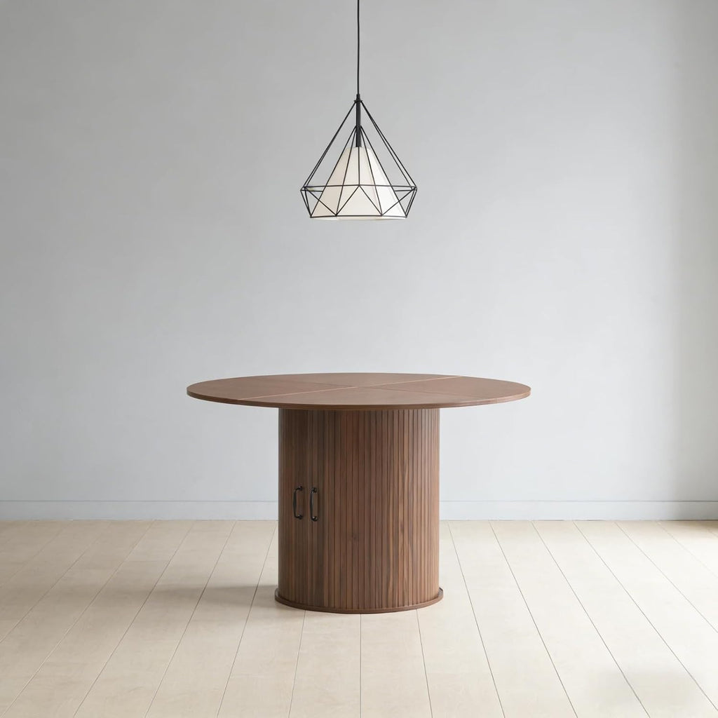 Round Dining Table with Storage Cabinet, Wood Kitchen Table with Double Doors & 2-Tier Storage Shelves, Cylindrical Pedestal Table for Small Spaces, Living Room, Seat for 4-6 People, Walnut
