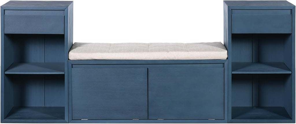 SOFTSEA All-in-One Entryway Storage Bench with Cushion, Compartments, Drawers and Open Shelves, Farmhouse Storage Bench for Hallway, Mudroom, Living Room, Antique Navy