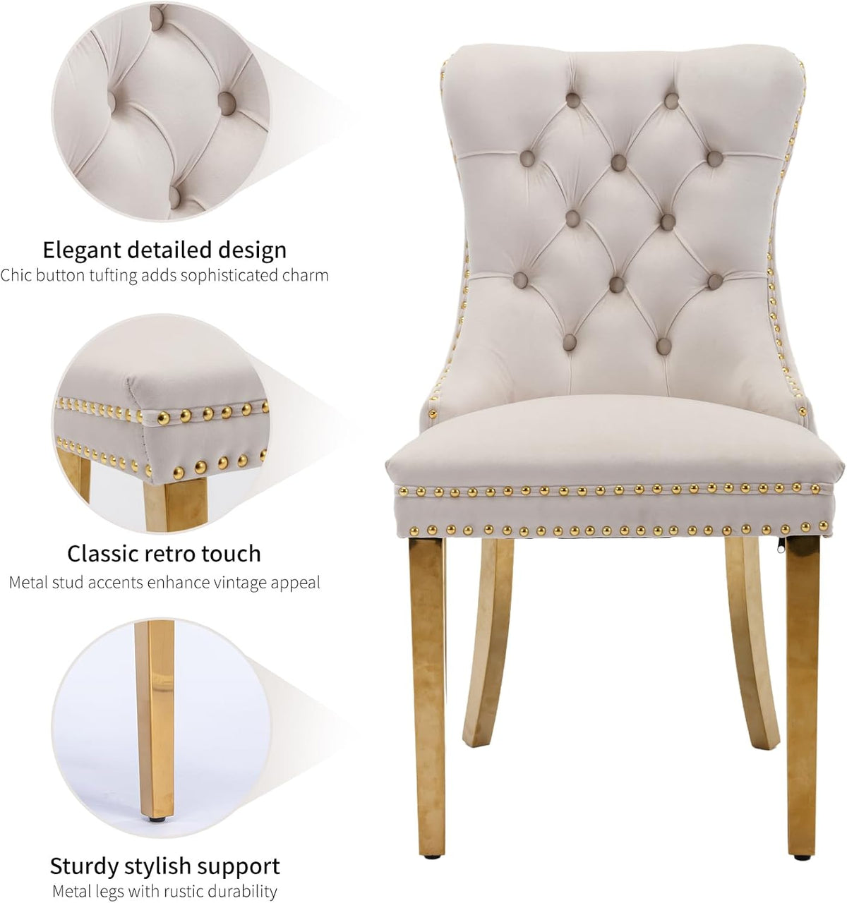 Velvet Dining Chairs Set of 4, Mid Century Tufted Dining Room Chairs with Nailhead Back Ring, Metal Legs, Modern Style for Kitchen, sillas de comedor (Beige, Golden Legs, 4 Pcs)