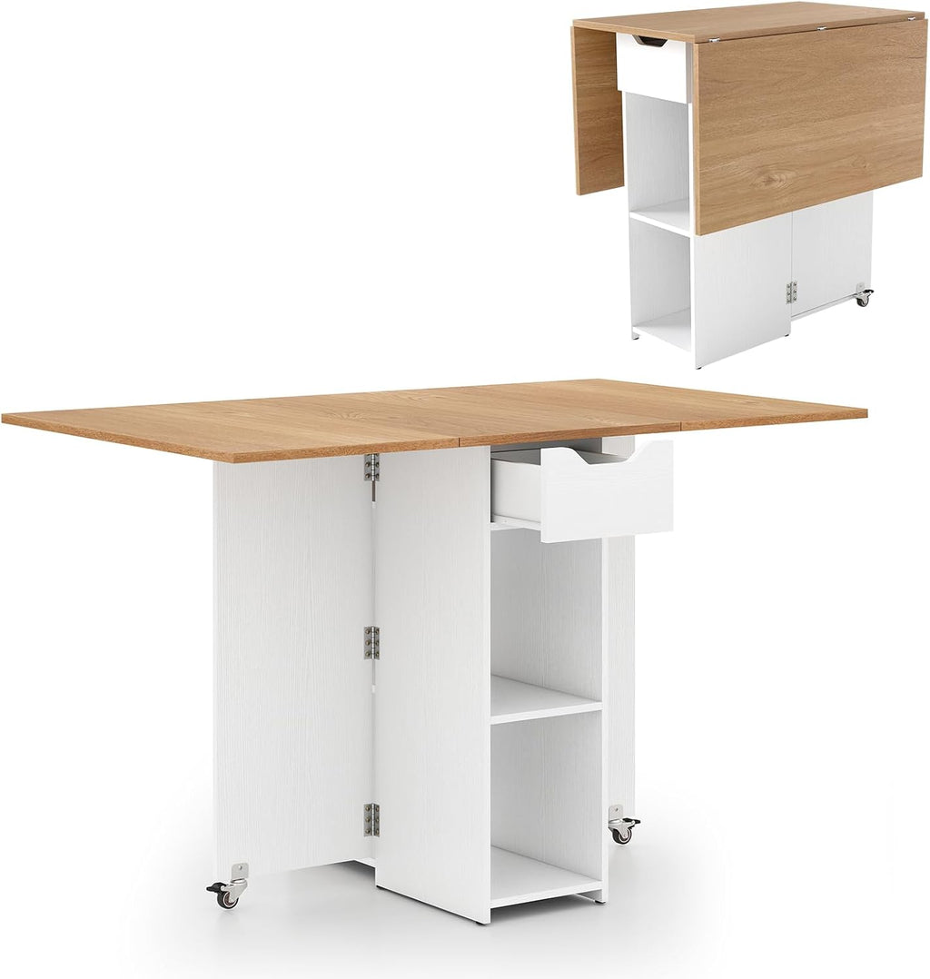 GOFLAME Drop Leaf Dining Table for 2-4, Folding Kitchen Table with Open Shelves & Drawer, Lockable Wheels, Space Saving Extendable Table for Dining Room, Living Room, Small Space, Natural & White