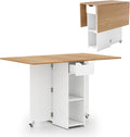 GOFLAME Drop Leaf Dining Table for 2-4, Folding Kitchen Table with Open Shelves & Drawer, Lockable Wheels, Space Saving Extendable Table for Dining Room, Living Room, Small Space, Natural & White