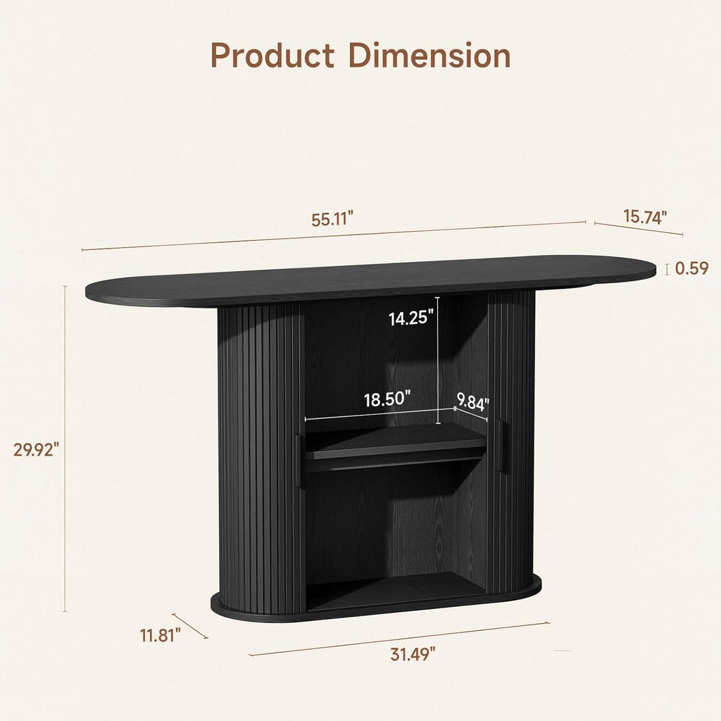 55 Inch Console Table with Storage, Fluted Entryway Tables with Sliding Doors, Sofa Table Behind The Couch, Hallway Tables, Mid-Century Modern Foyer Table for Entryway, Hallway, Living Room, Black