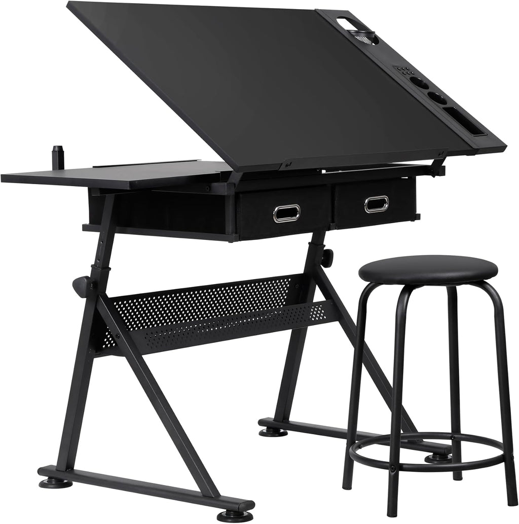 LEMY Drafting Table Art Desk, Height Adjustable Drawing Table Tilting Tabletop Work Station with Stool and Storage Drawer for Home, Office, Writing, Black