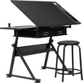 LEMY Drafting Table Art Desk, Height Adjustable Drawing Table Tilting Tabletop Work Station with Stool and Storage Drawer for Home, Office, Writing, Black