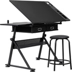 LEMY Drafting Table Art Desk, Height Adjustable Drawing Table Tilting Tabletop Work Station with Stool and Storage Drawer for Home, Office, Writing, Black