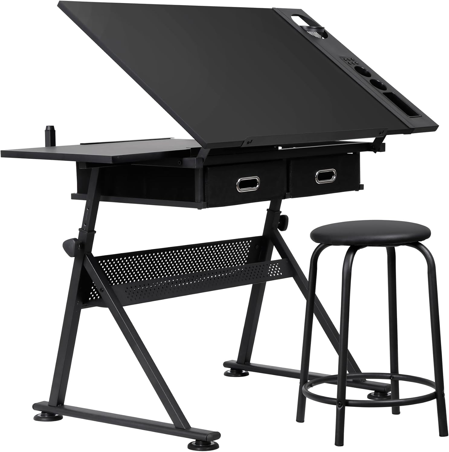 LEMY Drafting Table Art Desk, Height Adjustable Drawing Table Tilting Tabletop Work Station with Stool and Storage Drawer for Home, Office, Writing, Black