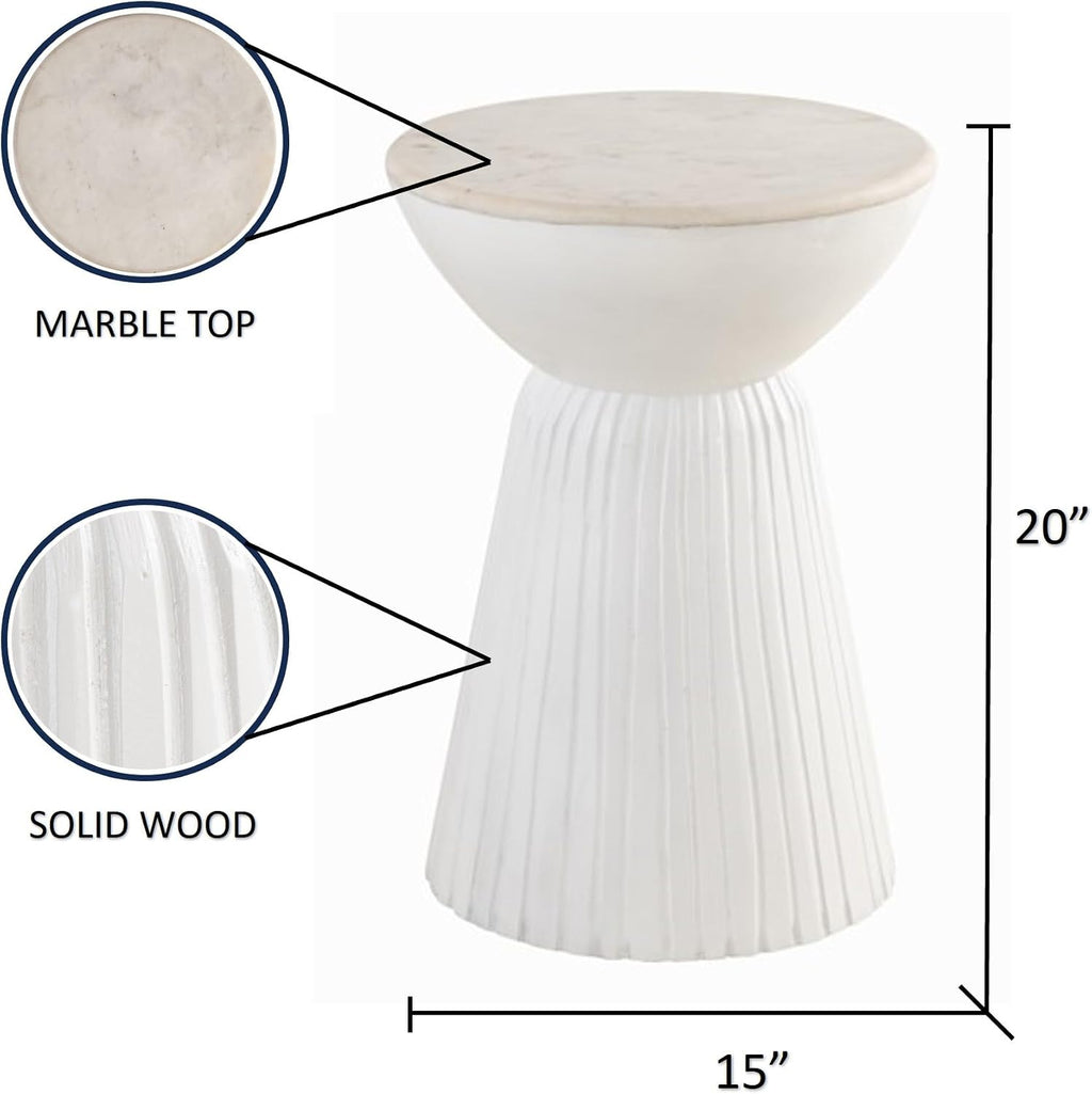 Albany Living Marble Top Solid Mango Wood Decorative Cylindrical Pedestal Side Table, Contemprary Accent Side/End Table,Fully Assembled, for the Living Room and Bedroom,White